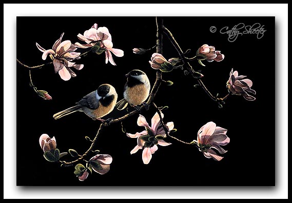 Spring's Promise - Scratchboard Chickadees